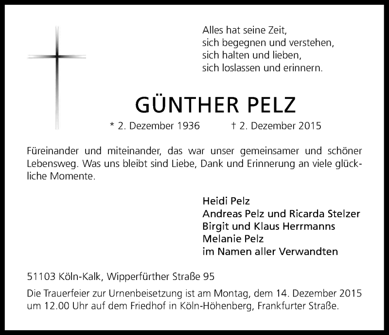  Traueranzeige für Günther Pelz vom 05.12.2015 aus Kölner Stadt-Anzeiger / Kölnische Rundschau / Express