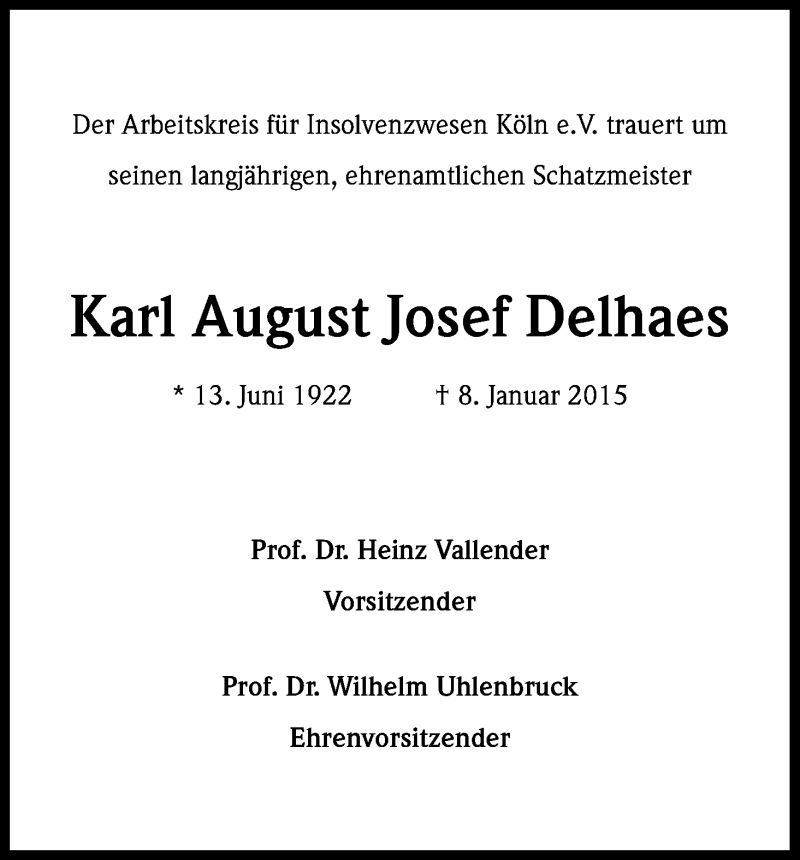  Traueranzeige für Karl August Josef Delhaes vom 21.01.2015 aus Kölner Stadt-Anzeiger / Kölnische Rundschau / Express