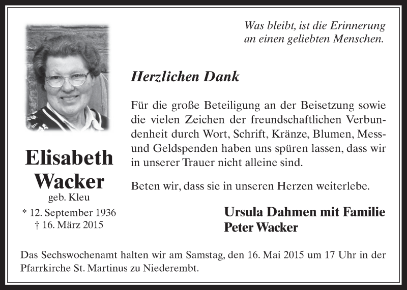  Traueranzeige für Elisabeth Wacker vom 13.05.2015 aus  Werbepost 