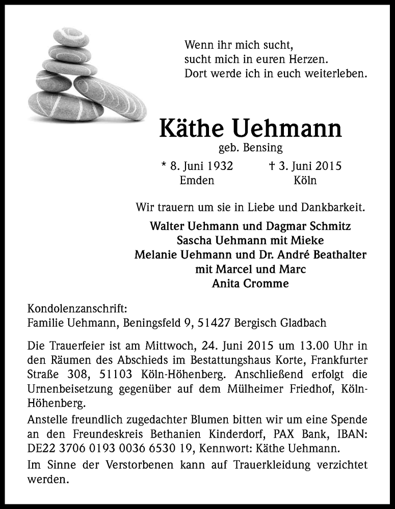  Traueranzeige für Käthe Uehmann vom 13.06.2015 aus Kölner Stadt-Anzeiger / Kölnische Rundschau / Express