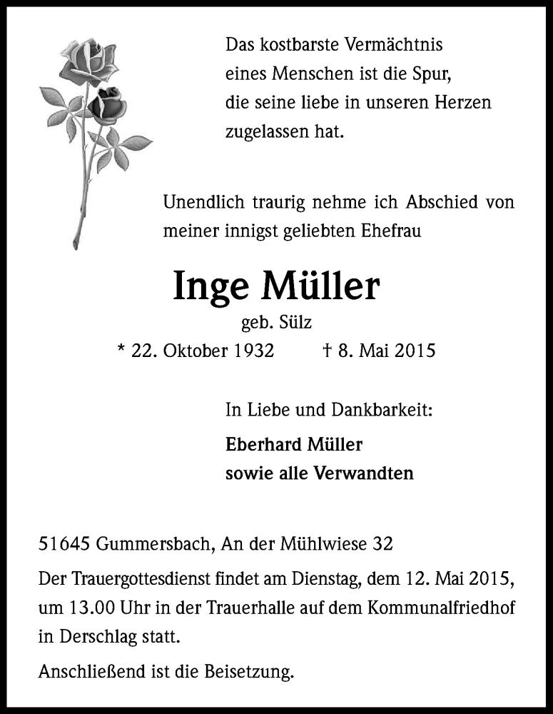  Traueranzeige für Inge Müller vom 11.05.2015 aus Kölner Stadt-Anzeiger / Kölnische Rundschau / Express