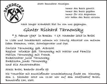 Anzeige von Günter Richard Tarnowsky von  Schlossbote/Werbekurier 
