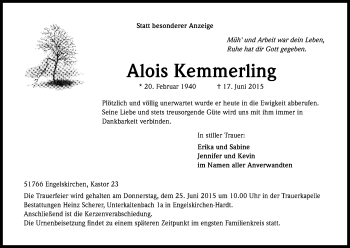 Anzeige von Alois Kemmerling von Kölner Stadt-Anzeiger / Kölnische Rundschau / Express