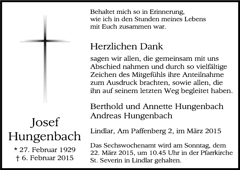  Traueranzeige für Josef Hungenbach vom 14.03.2015 aus Kölner Stadt-Anzeiger / Kölnische Rundschau / Express