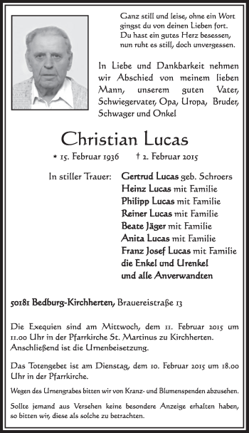 Anzeige von Christian Lucas von  Sonntags-Post 