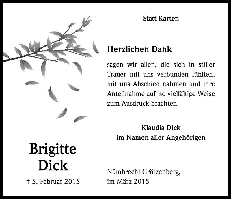  Traueranzeige für Brigitte Dick vom 28.03.2015 aus Kölner Stadt-Anzeiger / Kölnische Rundschau / Express