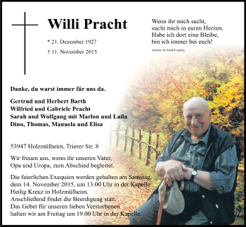 Anzeige von Willi Pracht von Kölner Stadt-Anzeiger / Kölnische Rundschau / Express