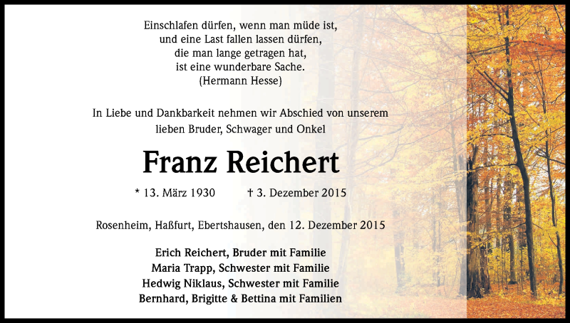  Traueranzeige für Franz Reichert vom 12.12.2015 aus Kölner Stadt-Anzeiger / Kölnische Rundschau / Express