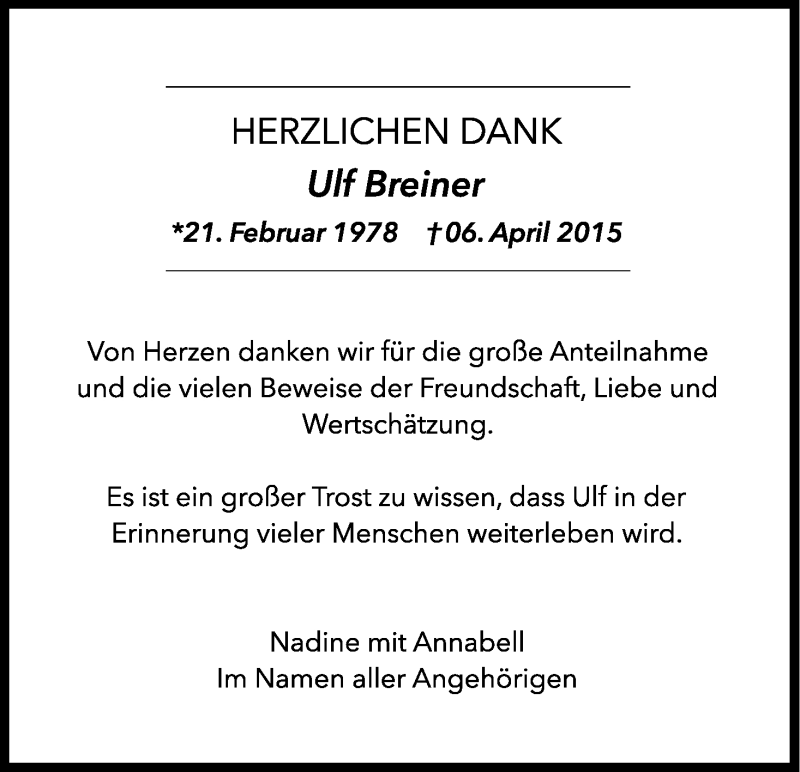 Traueranzeige für Ulf Breiner vom 30.05.2015 aus Kölner Stadt-Anzeiger / Kölnische Rundschau / Express