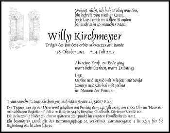 Anzeige von Willy Kirchmeyer von Kölner Stadt-Anzeiger / Kölnische Rundschau / Express