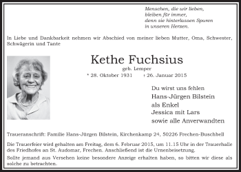 Anzeige von Kethe Fuchsius von  Sonntags-Post 