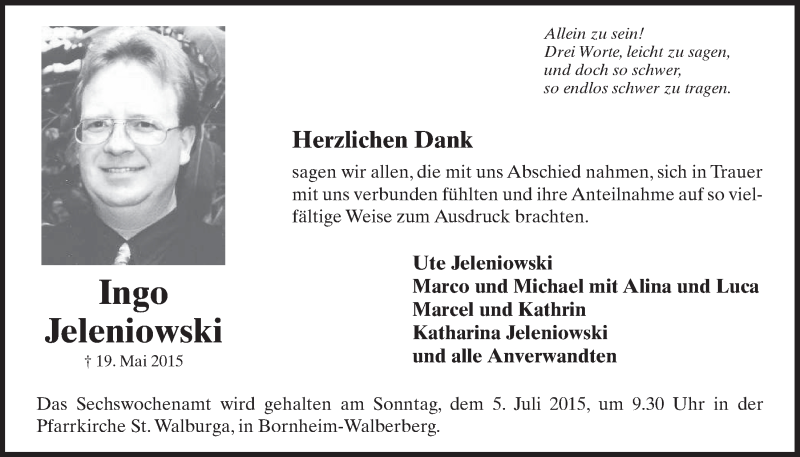  Traueranzeige für Ingo Jeleniowski vom 24.06.2015 aus  Schlossbote/Werbekurier 