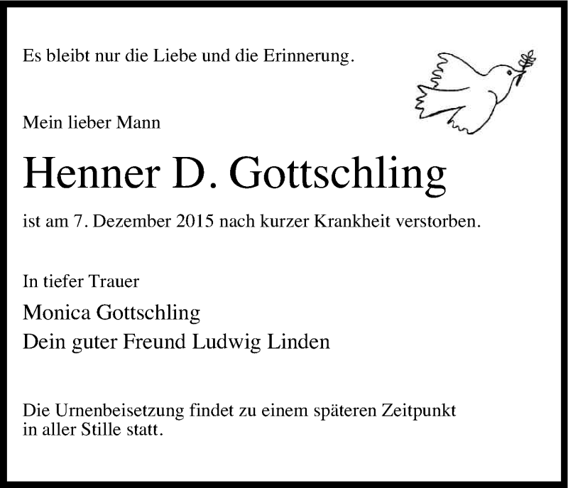  Traueranzeige für Henner D. Gottschling vom 12.12.2015 aus Kölner Stadt-Anzeiger / Kölnische Rundschau / Express