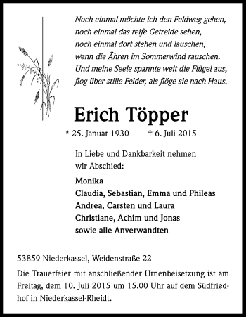 Anzeige von Erich Töpper von Kölner Stadt-Anzeiger / Kölnische Rundschau / Express