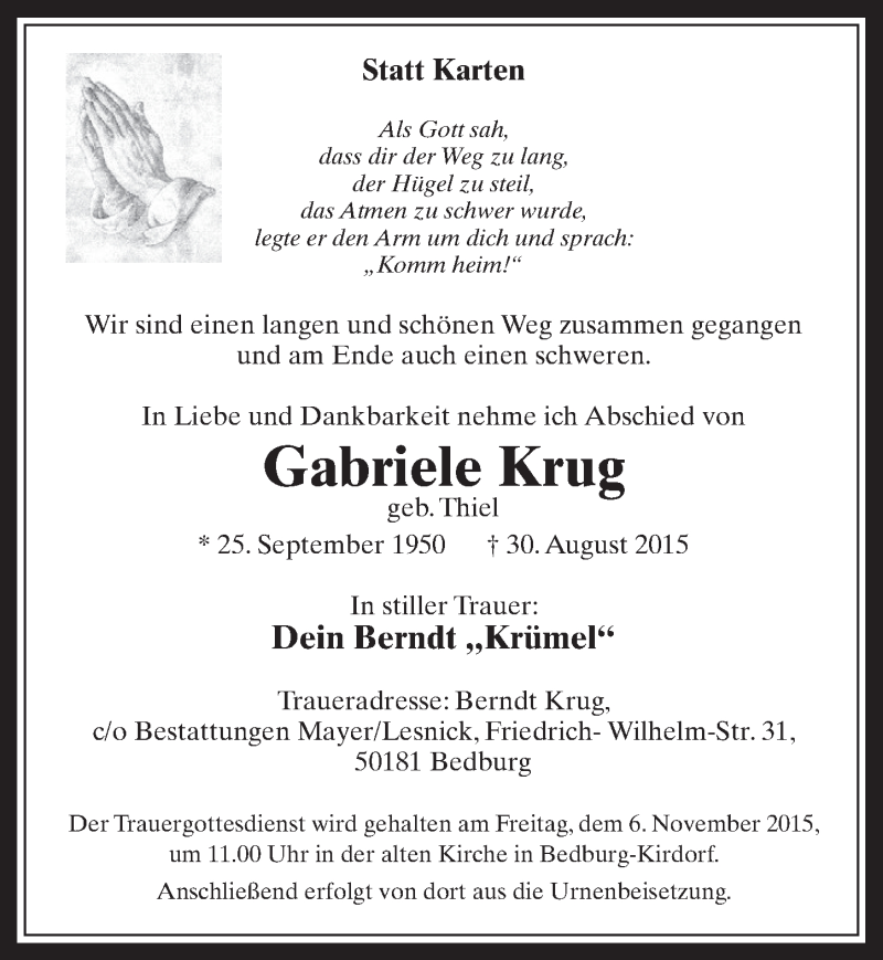  Traueranzeige für Gabriele Krug vom 04.11.2015 aus  Werbepost 