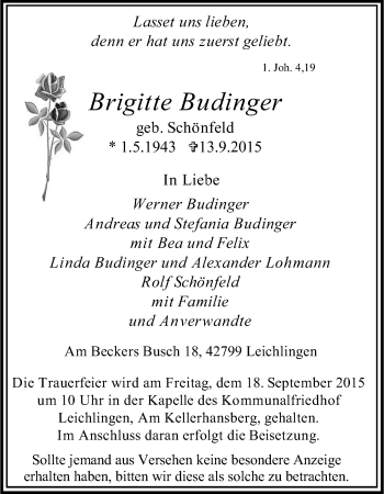 Anzeige von Brigitte Budinger von Kölner Stadt-Anzeiger / Kölnische Rundschau / Express