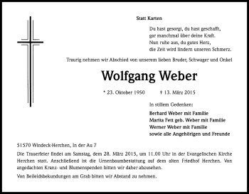 Anzeige von Wolfgang Weber von Kölner Stadt-Anzeiger / Kölnische Rundschau / Express