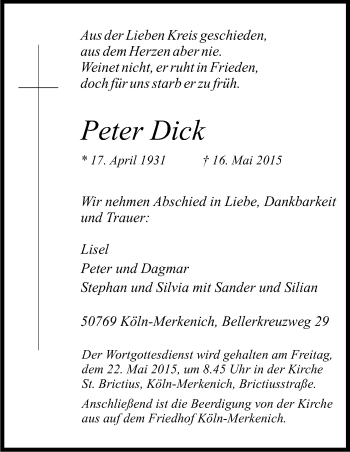 Anzeige von Peter Dick von Kölner Stadt-Anzeiger / Kölnische Rundschau / Express