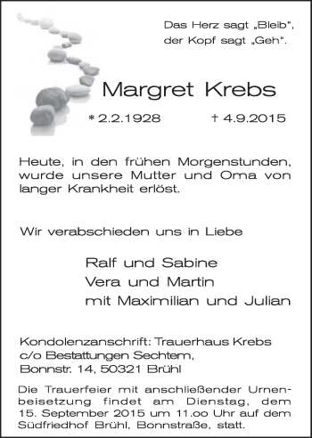 Anzeige von Margret Krebs von  Schlossbote/Werbekurier 
