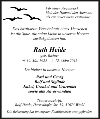 Anzeige von Ruth Heide von  Anzeigen Echo 