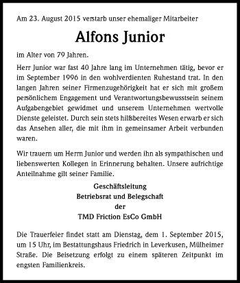 Anzeige von Alfons Junior von Kölner Stadt-Anzeiger / Kölnische Rundschau / Express