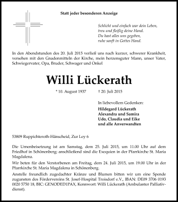 Anzeige von Willi Lückerath von Kölner Stadt-Anzeiger / Kölnische Rundschau / Express