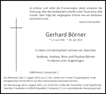 Anzeige von Gerhard Börner von Kölner Stadt-Anzeiger / Kölnische Rundschau / Express