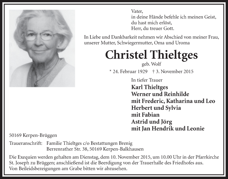 Traueranzeige für Christel Thieltges vom 07.11.2015 aus  Sonntags-Post 