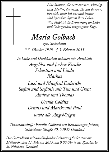 Anzeige von Maria Golbach von Kölner Stadt-Anzeiger / Kölnische Rundschau / Express