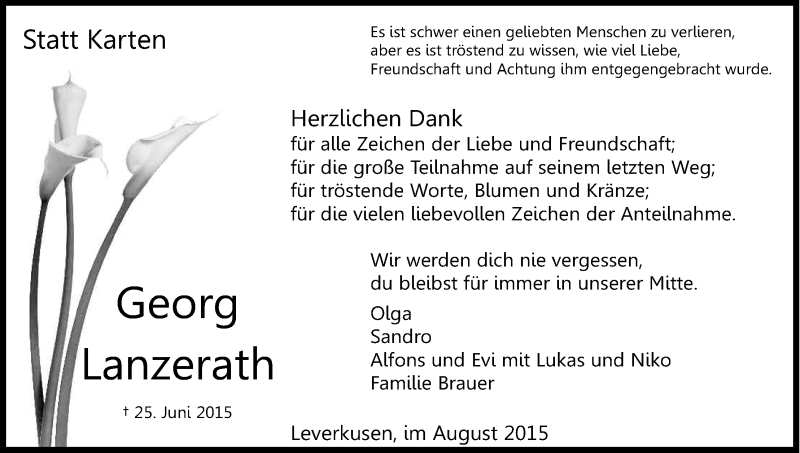  Traueranzeige für Georg Lanzerath vom 08.08.2015 aus Kölner Stadt-Anzeiger / Kölnische Rundschau / Express