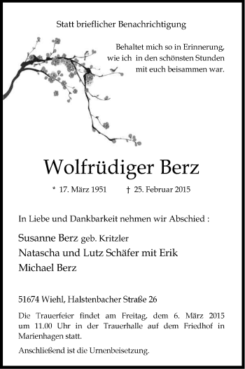 Anzeige von Wolfrüdiger Berz von Kölner Stadt-Anzeiger / Kölnische Rundschau / Express