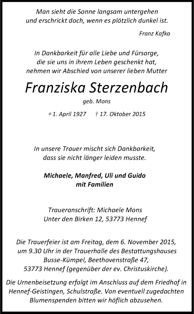  Traueranzeige für Franziska Sterzenbach vom 31.10.2015 aus Kölner Stadt-Anzeiger / Kölnische Rundschau / Express