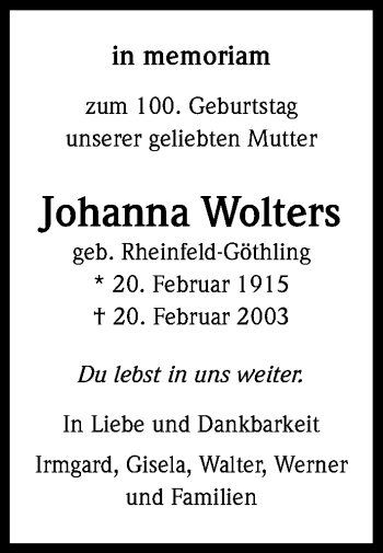 Anzeige von Johanna Wolters von Kölner Stadt-Anzeiger / Kölnische Rundschau / Express