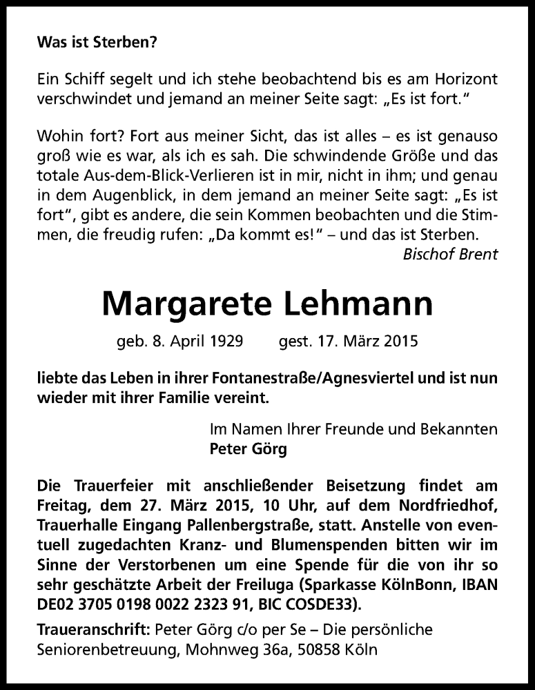  Traueranzeige für Margarete Lehmann vom 21.03.2015 aus Kölner Stadt-Anzeiger / Kölnische Rundschau / Express