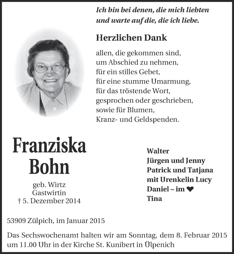  Traueranzeige für Franziska Bohn vom 01.02.2015 aus  Blickpunkt Euskirchen 