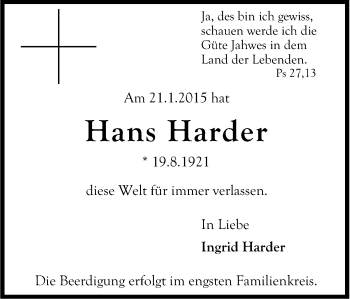 Anzeige von Hans Harder von Kölner Stadt-Anzeiger / Kölnische Rundschau / Express