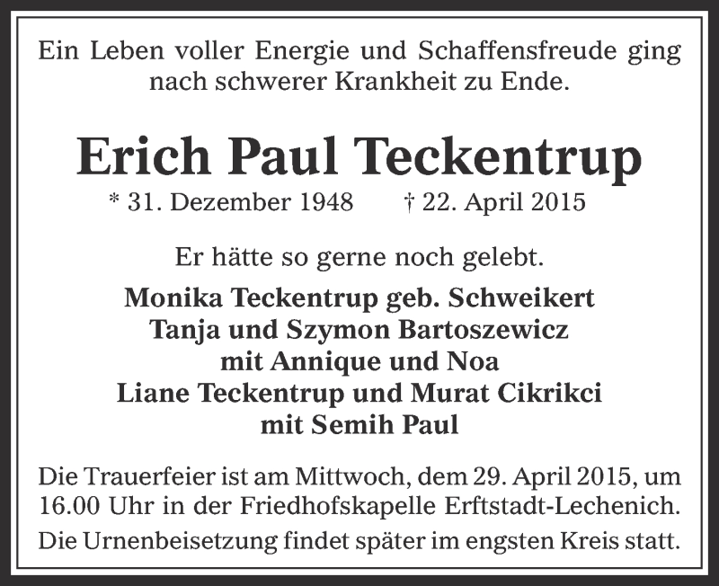  Traueranzeige für Erich Paul Teckentrup vom 29.04.2015 aus  Werbepost 