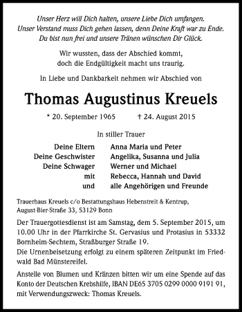 Anzeige von Thomas Augustinus Kreuels von Kölner Stadt-Anzeiger / Kölnische Rundschau / Express