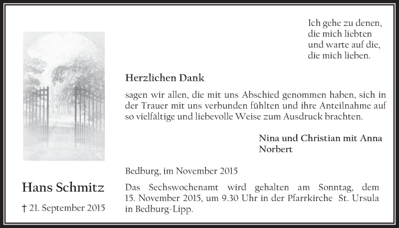  Traueranzeige für Hans Schmitz vom 11.11.2015 aus  Werbepost 