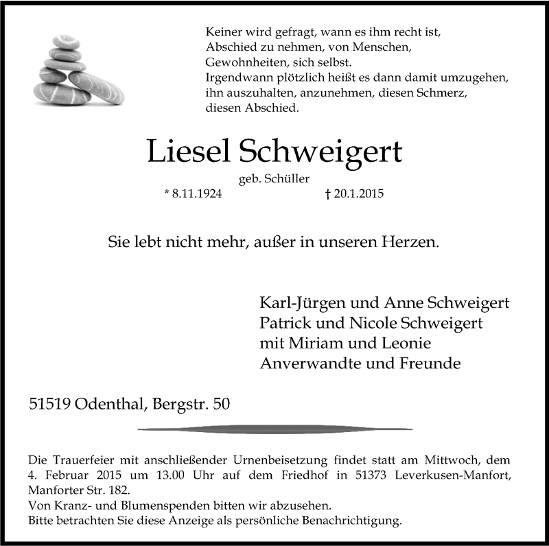  Traueranzeige für Liesel Schweigert vom 31.01.2015 aus Kölner Stadt-Anzeiger / Kölnische Rundschau / Express
