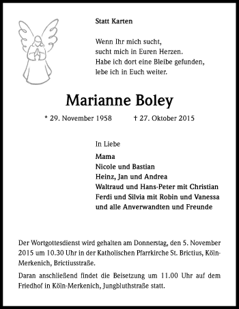 Anzeige von Marianne Boley von Kölner Stadt-Anzeiger / Kölnische Rundschau / Express