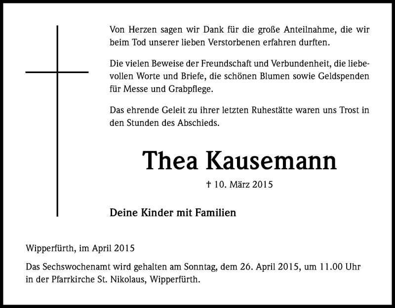  Traueranzeige für Thea Kausemann vom 18.04.2015 aus Kölner Stadt-Anzeiger / Kölnische Rundschau / Express