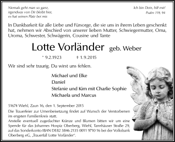Anzeige von Lotte Vorländer von Kölner Stadt-Anzeiger / Kölnische Rundschau / Express