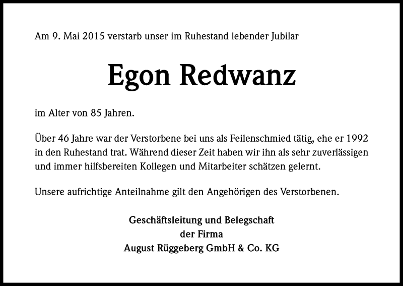  Traueranzeige für Egon Redwanz vom 13.05.2015 aus Kölner Stadt-Anzeiger / Kölnische Rundschau / Express