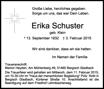 Anzeige von Erika Schuster von Kölner Stadt-Anzeiger / Kölnische Rundschau / Express