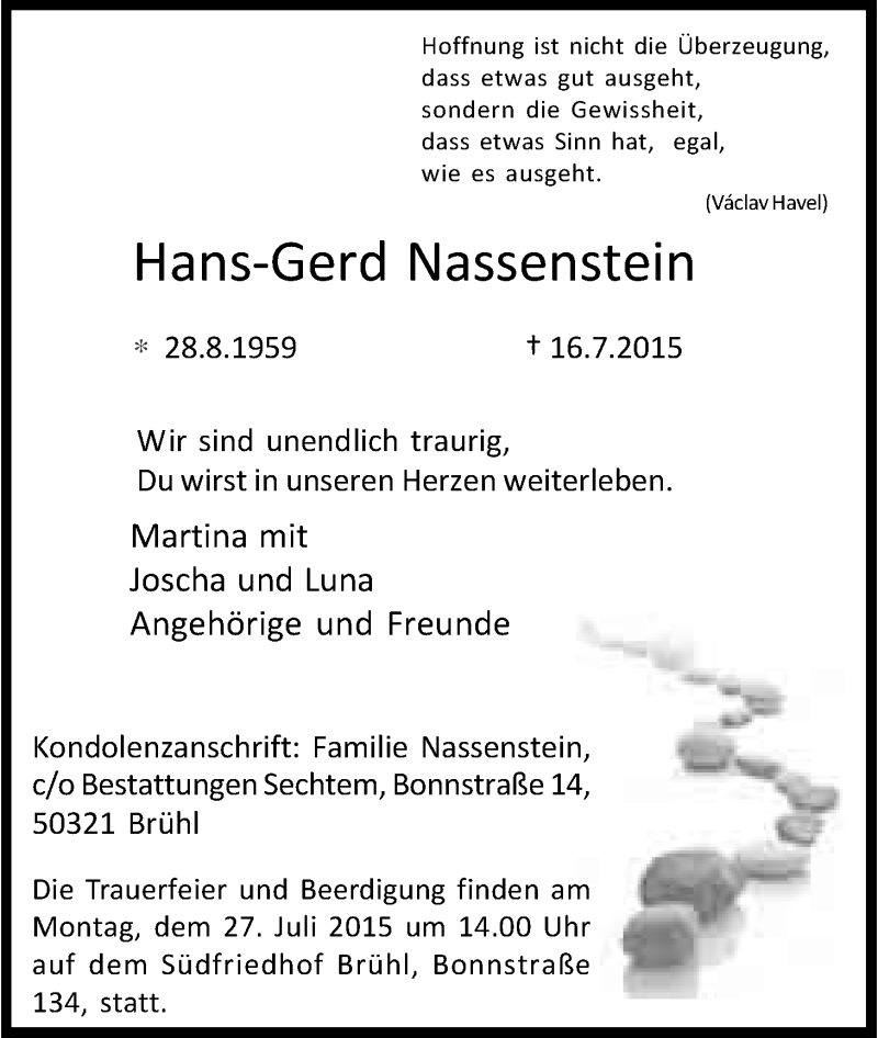 Traueranzeige für Hans-Gerd Nassenstein vom 25.07.2015 aus Kölner Stadt-Anzeiger / Kölnische Rundschau / Express
