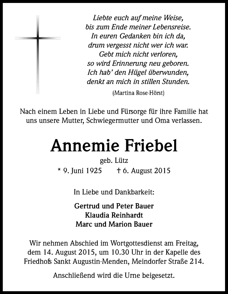  Traueranzeige für Annemie Friebel vom 12.08.2015 aus Kölner Stadt-Anzeiger / Kölnische Rundschau / Express