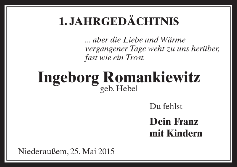  Traueranzeige für Ingeborg Romankiewitz vom 27.05.2015 aus  Werbepost 