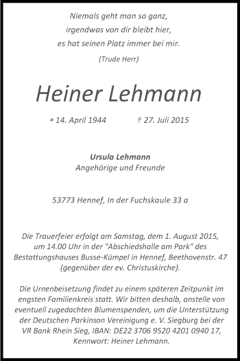 Anzeige von Heiner Lehmann von Kölner Stadt-Anzeiger / Kölnische Rundschau / Express