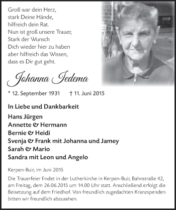 Anzeige von Johanna Jedema von  Werbepost 